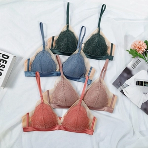 French lace triangle cup wireless bra set in deep green, blue gray and soft pink colors