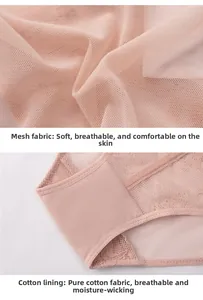 Close-up of sheer mesh fabric and delicate lace embroidery with breathable cotton lining