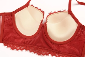 Detail view of red lace lingerie featuring nude inner cups and fine mesh embroidery texture