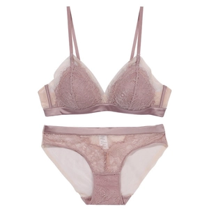 Lace bralette and panty set in dusky pink featuring sheer mesh and floral details