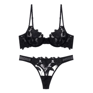 Ensemble lingerie sexy en dentelle noire avec broderies florales et soutien-gorge