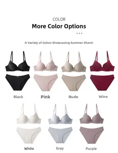 Seamless bra and panty sets displayed in seven colors including black white and purple