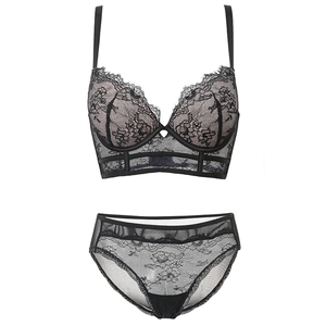 Elegant black floral lace lingerie set with underwire bra and matching mesh panties