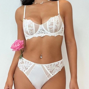 Elegant white floral lace bra set with supportive underwire and high-waisted mesh panties