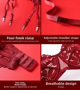 Detail view of red floral lace bra with adjustable straps and garter belt clips