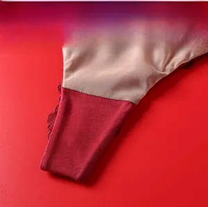 Detailed macro view of the breathable mesh crotch area of wine red lace panties
