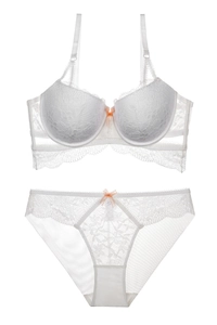 Detailed view of white lace push-up bra set with ribbon bow and mesh sheer panty