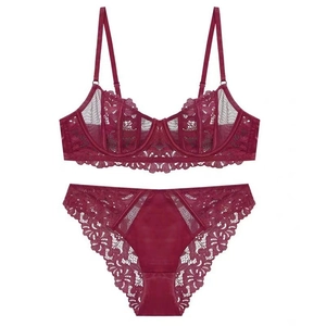 French lace lingerie set in wine red featuring sheer mesh bra and matching lace briefs