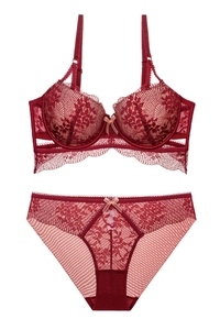 Flat lay of wine red lace lingerie set featuring floral patterns and a small bow detail