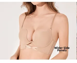 Détail des panneaux latéraux larges sur le soutien-gorge push-up beige sans couture