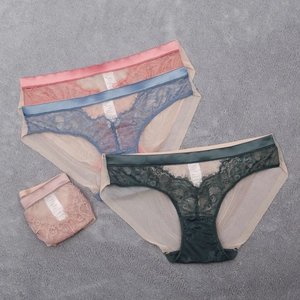 Détail de la broderie en dentelle et de l'entrejambe en soie sur lingerie en tulle
