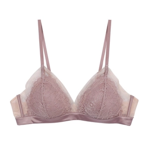 French Style Sexy Eyelash Lace Bralette For Women Wireless Triangle Cup Breathable Mesh Patchwork Satin Bottom Underwear Bra