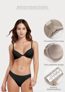 Detail view of black front-closure bra showing soft underwire and fabric composition