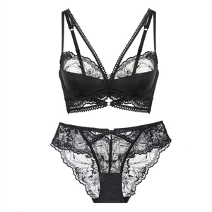 French style sexy thin black lace lingerie set with eyelash lace and satin details