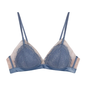 Lace bralette in blue and pink mesh with floral patterns and delicate eyelash trim