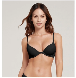 Detail of black seamless front-closure bra with smooth fabric and adjustable straps