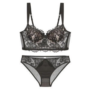 French lace embroidery lingerie set with black floral patterns and push-up bra effect