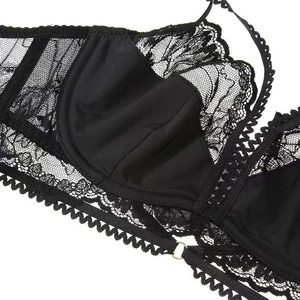 Lace bra set with floral embroidery and satin finish featuring a gold ring detail
