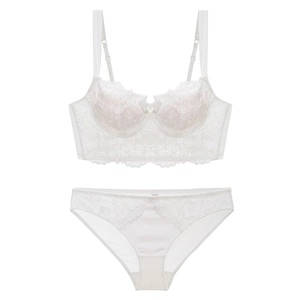 Detail of white French lace embroidery bra and panties set with floral patterns