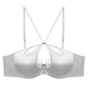 Soutien-gorge en satin gris avec dentelle, découpe centrale et bretelles croisées