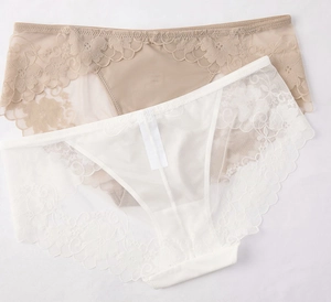 Détail de la dentelle florale semi-transparente et du tissu en maille de culotte femme