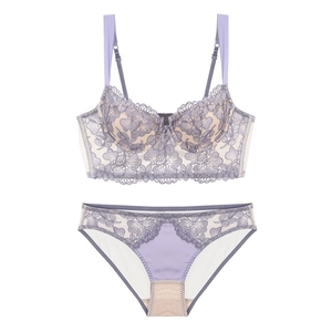 Elegant lavender floral embroidery lace bra and panty set with push up support