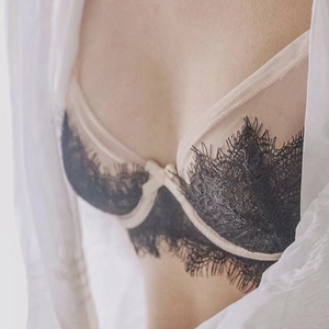 Close-up of elegant floral eyelash lace bra with support underwire and mesh details