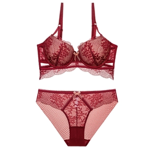 Burgundy lace lingerie set with full cup bra and matching briefs on white background