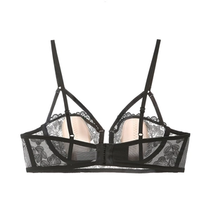 Detail of black French embroidery lace bra with sheer mesh and floral pattern textures
