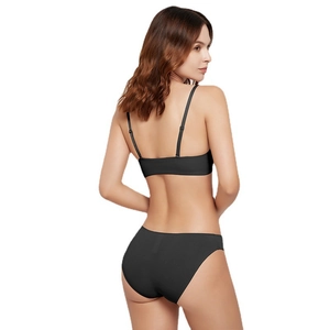 Black seamless deep V-neck bra set with thin adjustable straps and front closure