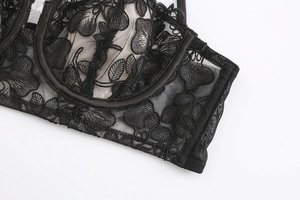 Macro detail of black floral lace embroidery and sheer mesh on an underwire bra cup