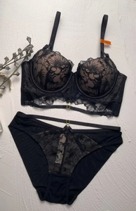 Detail view of a black floral lace lingerie set with underwire bra and matching panties