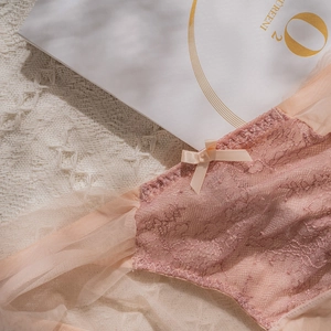 Culotte en dentelle sexy pour femme avec nœud décoratif et tulle respirant rose poudré