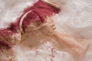 Detailed close-up of French lace bra with burgundy and pink mesh stitching