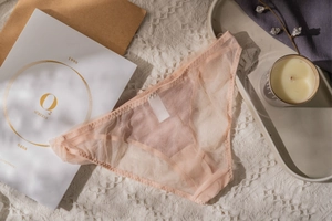 Détail de la culotte en maille rose chair avec bordures festonnées sur maille blanche