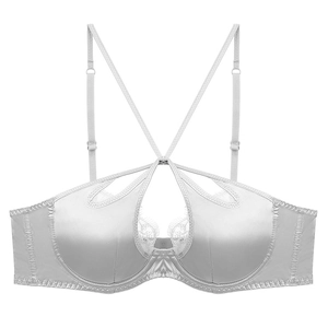 Elegant silver satin lace bra with hollow-out front and crossover straps detail