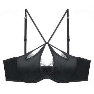 French style black satin bra with eyelash lace trim and crisscross strappy detail