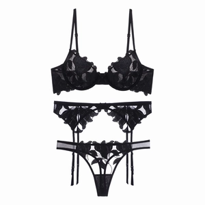 Three-piece black lace lingerie set with floral embroidery and mesh detail