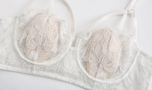 Detailed view of white floral embroidery lace bra with supportive underwire design