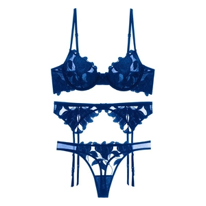 Close-up of navy blue floral embroidery on sheer mesh lingerie with delicate lace texture