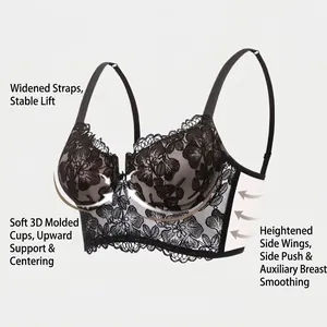 French lace push-up bra with floral embroidery, widened straps and high side wings