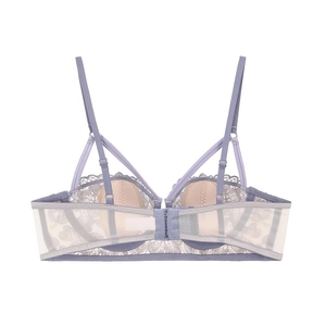 Detail of purple French lace bra featuring delicate floral embroidery and adjustable straps