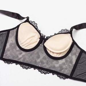 French style black floral lace push-up bralette with satin straps and padded cups