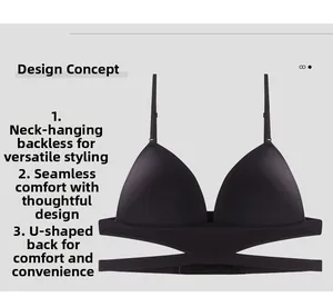 Detail of black backless wireless bra with U-shaped crossover straps and seamless fabric