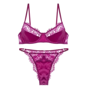 Deep pink eyelash lace lingerie set with satin accents and adjustable straps for women