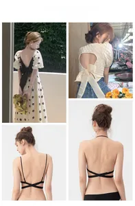 Detail of adjustable crisscross back straps for backless bras shown on models