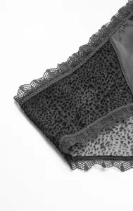 Detail of leopard print mesh panties with lace trim and hollow-out back design