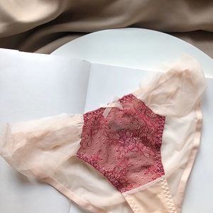 Detailed close-up of French lace embroidery and sheer mesh on red lingerie panties