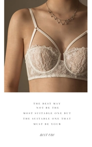 Close-up of white floral lace bra with cross straps and delicate embroidery details