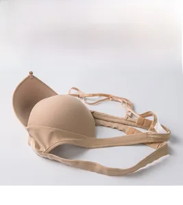 Detail view of seamless beige deep V bralette featuring adjustable thin straps and wavy edge